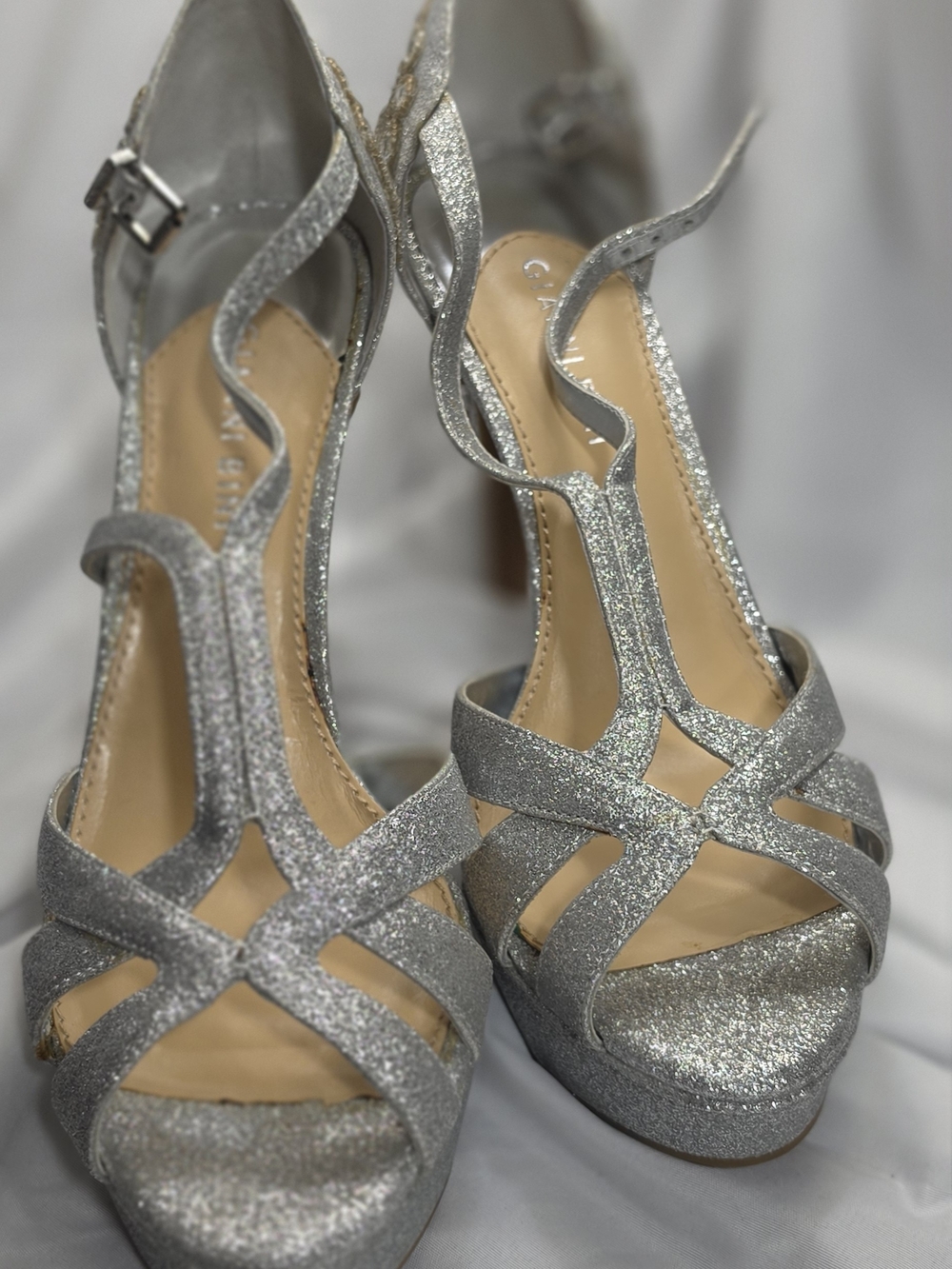 Gianni Bini Silver Glitter Strappy Platform Sandals